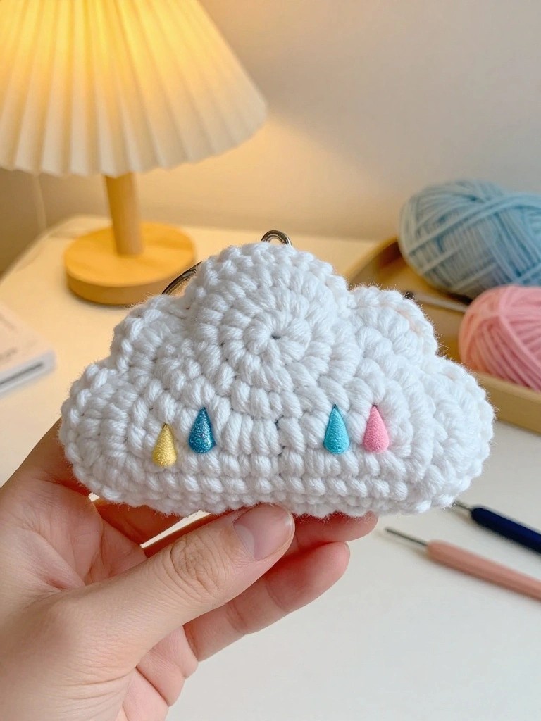 A hand displays a white crocheted cloud keychain featuring three dangling raindrops in yellow, teal, and pink, with a crochet hook and yarn balls nearby on a wooden tray.