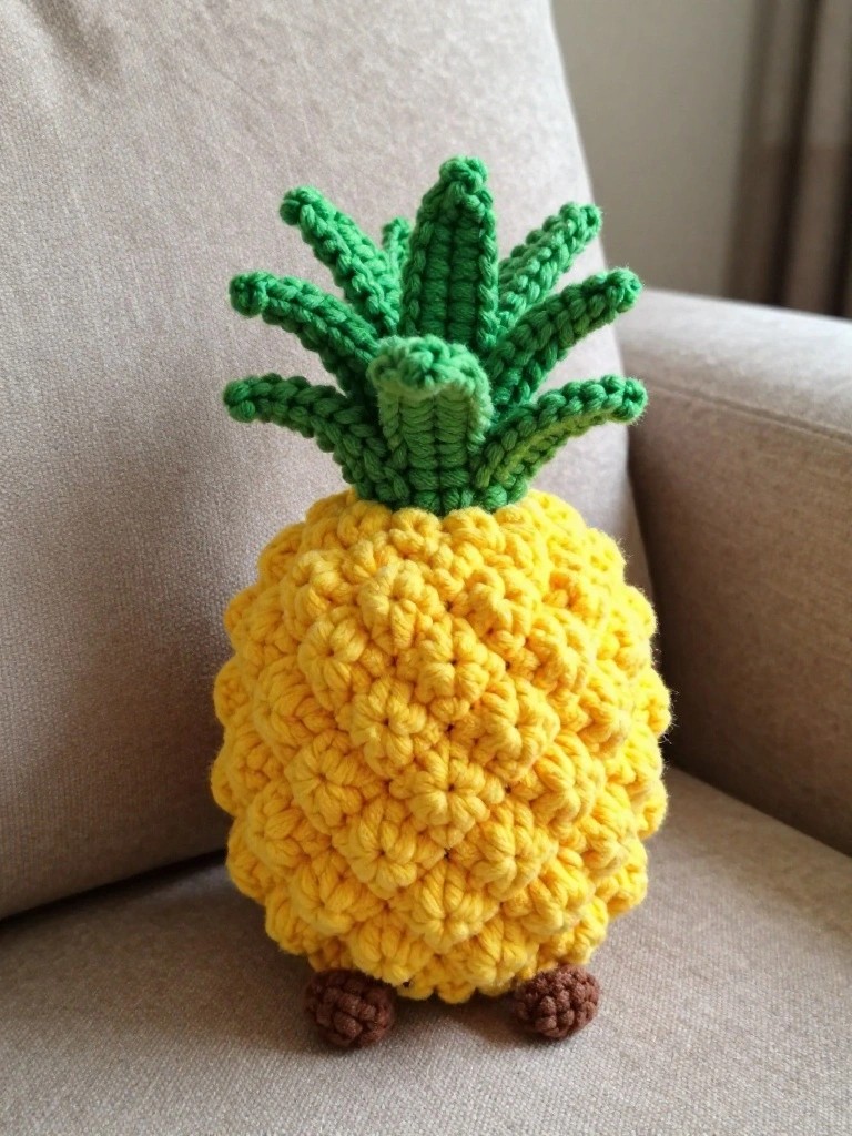 Crocheted yellow pineapple plush with green leaf crown and brown legs sits on a beige couch.