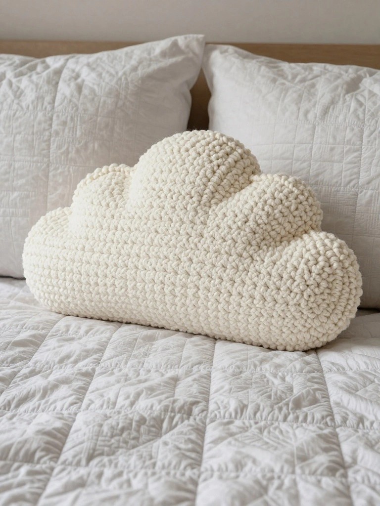 A plush white crocheted cloud-shaped pillow with bumpy lobes rests lengthwise on a white duvet between two pillows on a bed with a wooden headboard.