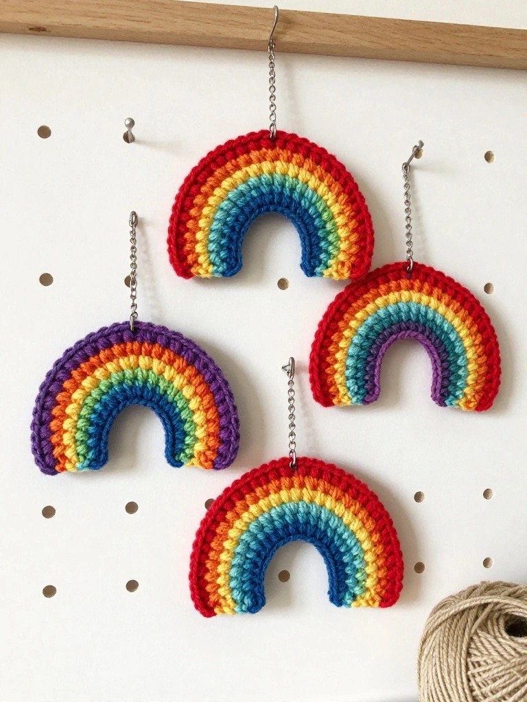 Four crocheted rainbow arches in vibrant multicolored yarn hanging from silver chains on a white pegboard with wooden frame and a ball of yarn nearby.
