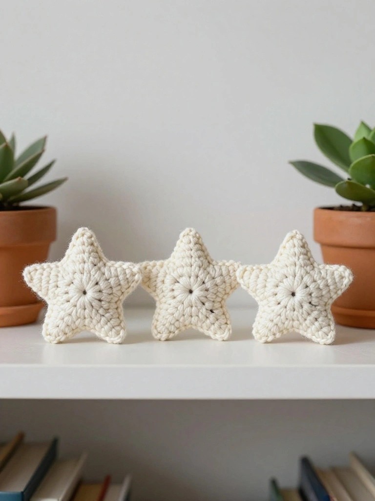 Three off-white crocheted stars connected by yarn strands, arranged on a white shelf between green succulent plants in terracotta pots.