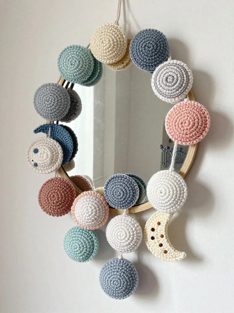 Round wooden hoop mirror framed by crocheted balls in neutral tones like teal, gray, pink, and rust, with dangling strands and a cream crescent moon below.