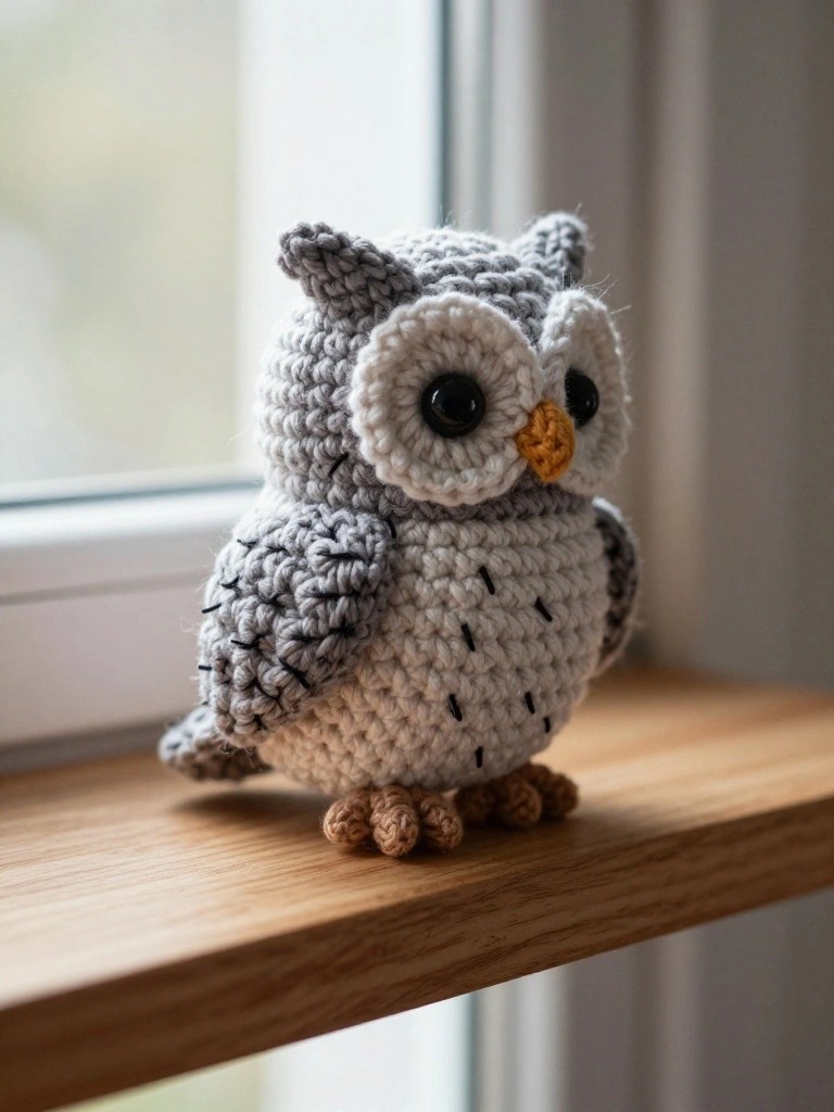 A small gray and white crocheted owl plush with big eyes, orange beak, and feet sitting on a wooden shelf by a window.