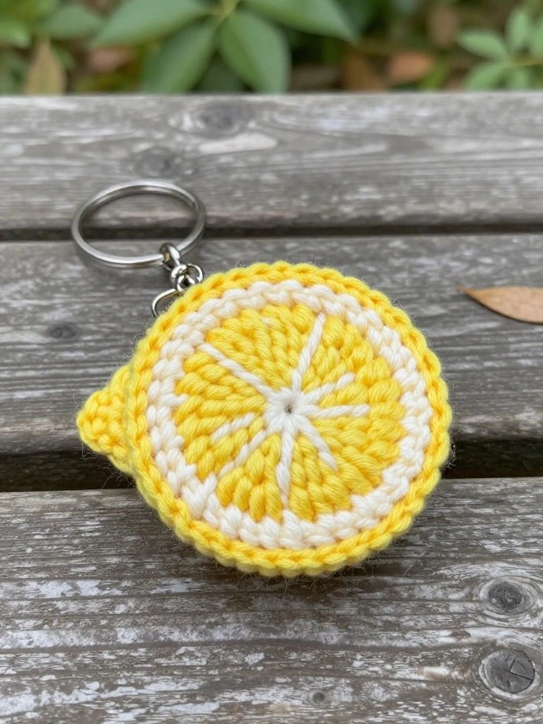 Crocheted yellow lemon slice keychain with white segments, yellow rind tab, and silver keyring on a wooden outdoor surface amid green leaves.