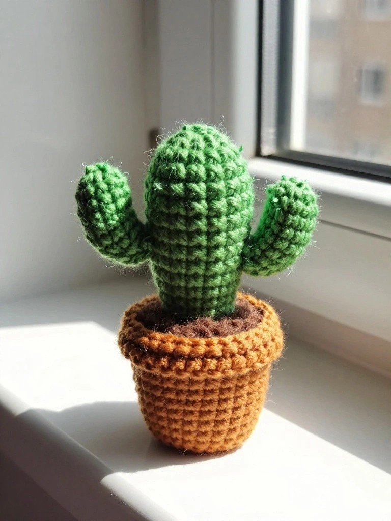 Crocheted green cactus with outstretched arms sits in a matching terracotta pot on a sunny windowsill.