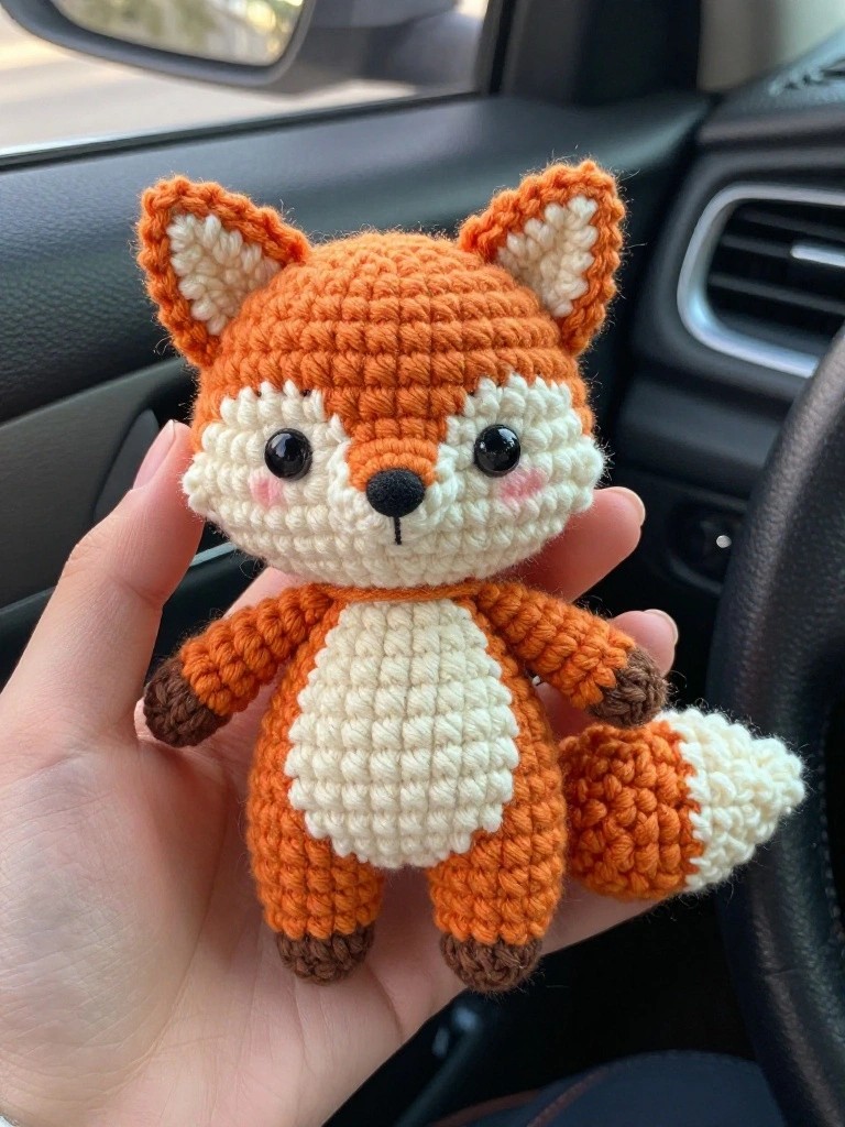 A hand holds a small handmade crocheted fox plushie with orange fur, white belly, big eyes, and bushy tail inside a car near the dashboard.