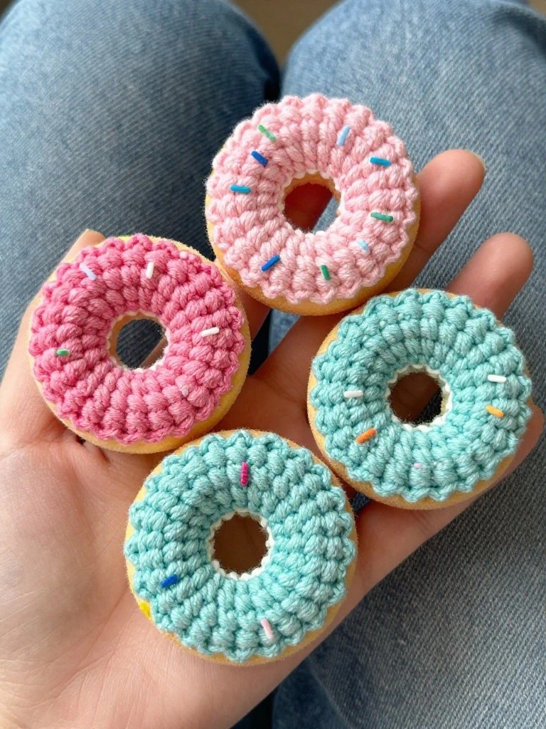A hand cradles four small crocheted donuts in pink and turquoise with yarn sprinkles on top.