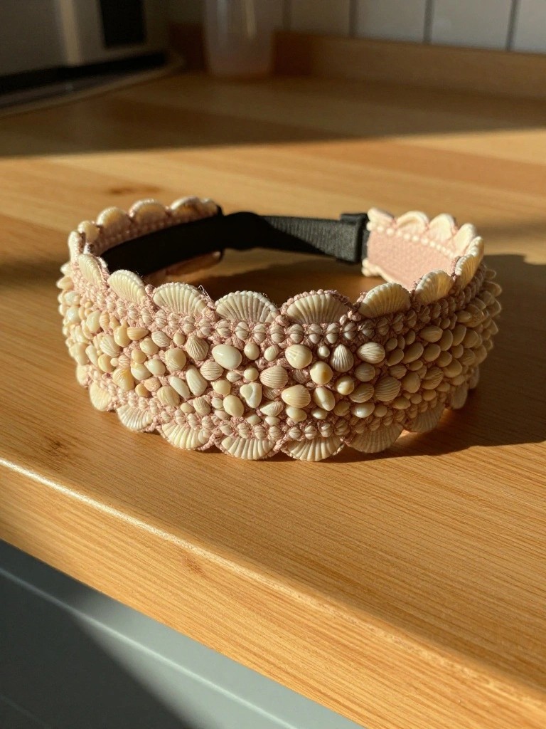 A handmade headband with pale pink seashells densely covering a wide curved band, scalloped shell edges, and black elastic closure, photographed on a wooden kitchen counter in soft light.
