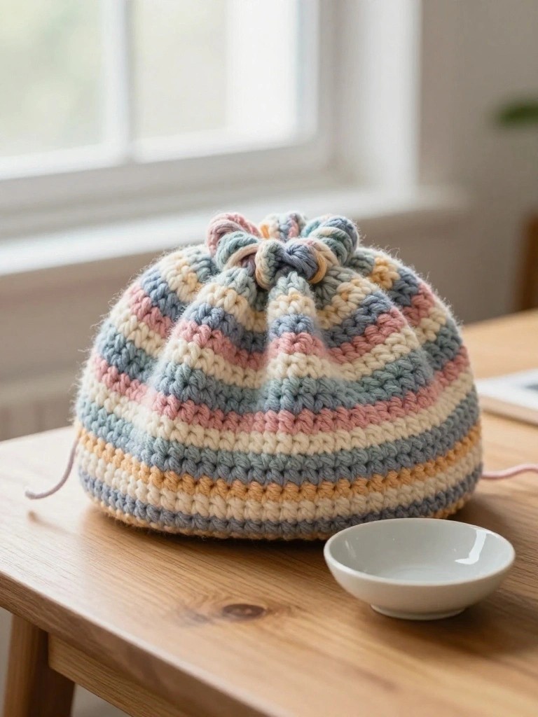 Crocheted drawstring pouch in pastel pink, white, blue, and peach stripes on a wooden table next to a small white bowl.