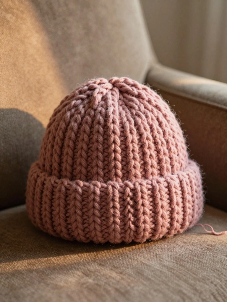 Chunky pink ribbed beanie hat placed on a beige armchair in soft natural light with a yarn tail visible.