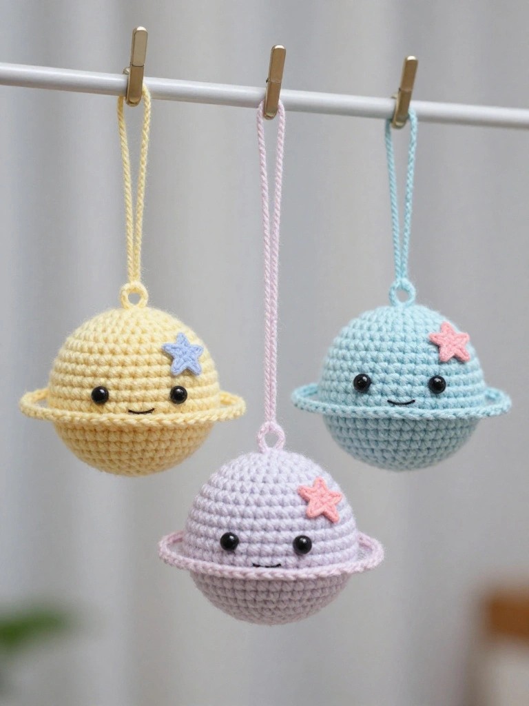 Three smiling crocheted planet ornaments in yellow, blue, and pink hang from strings, each with embroidered faces, star tops, and equatorial rings.