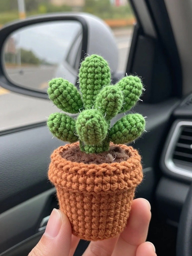 A small crocheted green cactus with multiple arms sits in a tiny orange terracotta pot on a car dashboard, held in a hand.