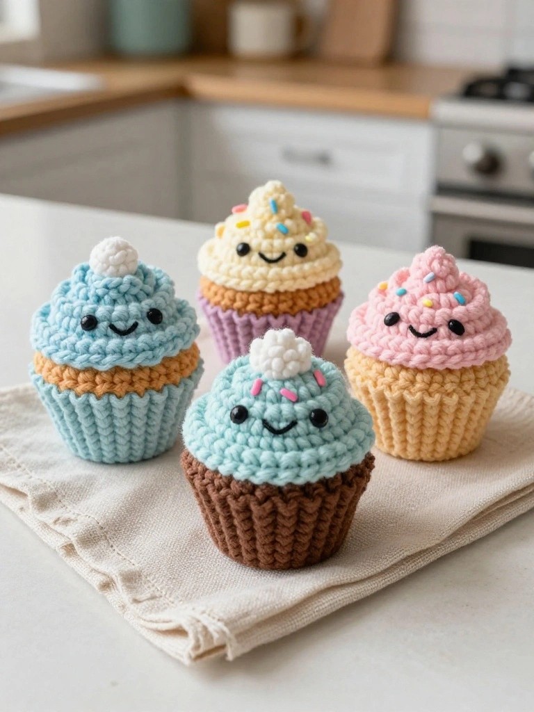 Five colorful crocheted cupcakes with smiling faces, pastel frostings, and sprinkles arranged on a white cloth in a bright kitchen.