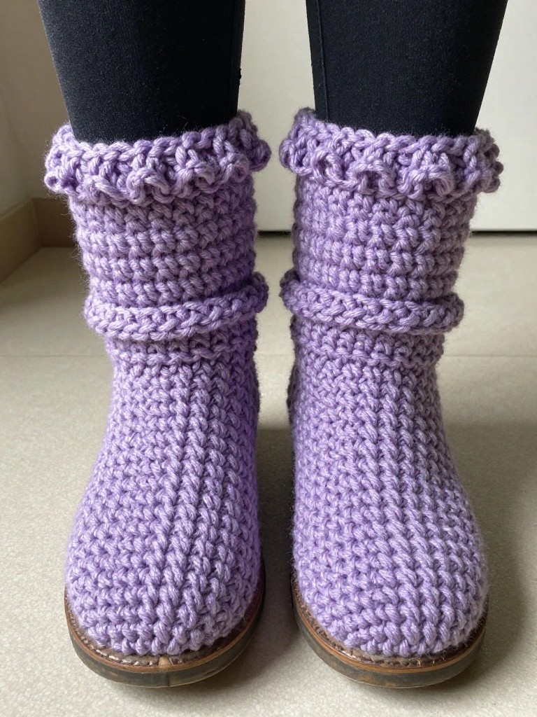 Pair of purple crocheted mid-calf boots with ruffled cuffs and wooden soles standing side by side on a floor.