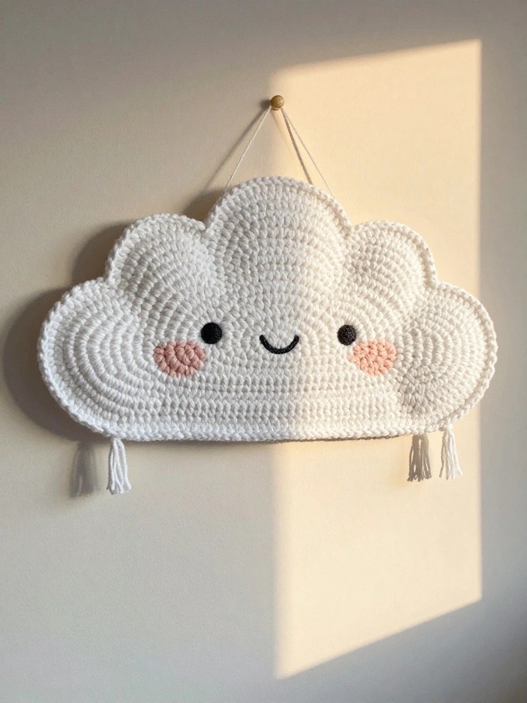 White crocheted cloud wall hanging with pink-cheeked smiley face and dangling tassels, mounted on a beige wall in soft sunlight.