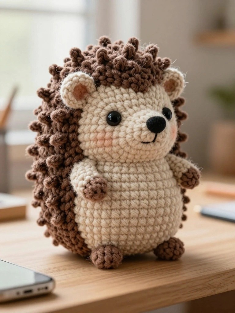 Handmade crocheted hedgehog plushie with brown spiky quills on a cream body and cute facial details, posed on a wooden desk with nearby books and a phone.