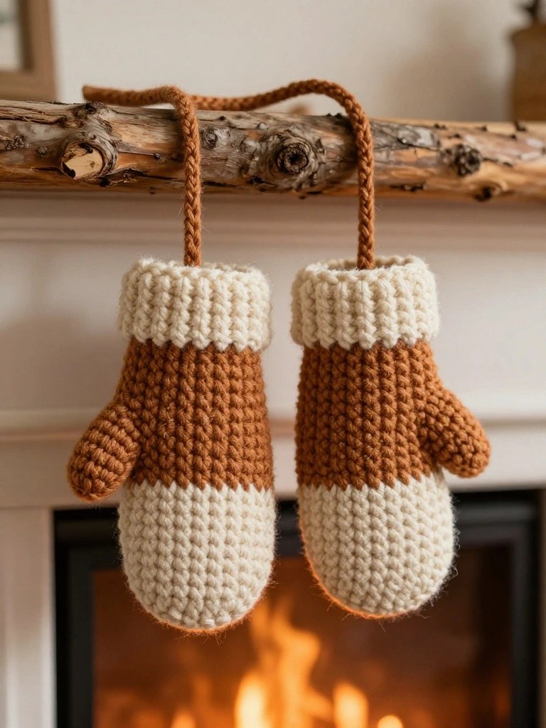 Two cream and brown crocheted mittens with brown yarn loops hang from a rustic wooden shelf above a lit fireplace.