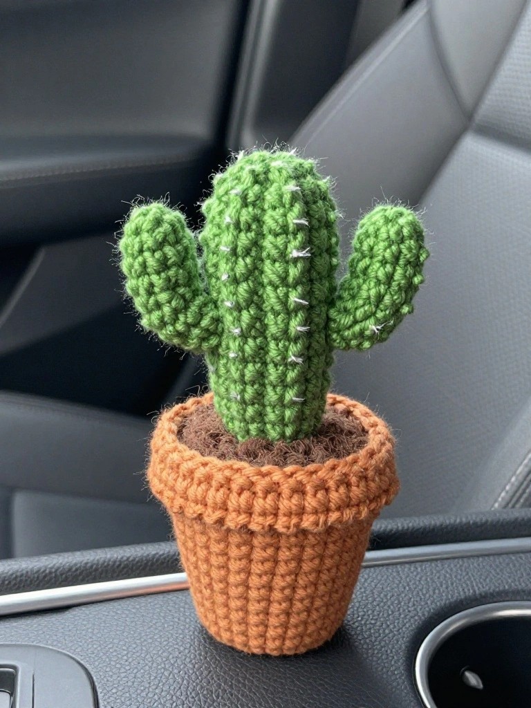 Small green crocheted cactus in an orange textured pot perched in a gray car cup holder on the dashboard.