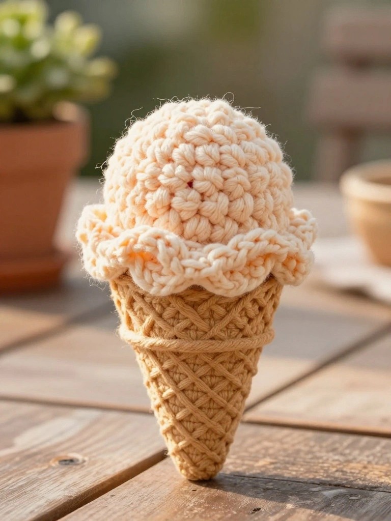 Close-up of a handmade crocheted beige ice cream cone with a fuzzy textured vanilla scoop on a waffle base, placed on a wooden table beside a potted succulent.