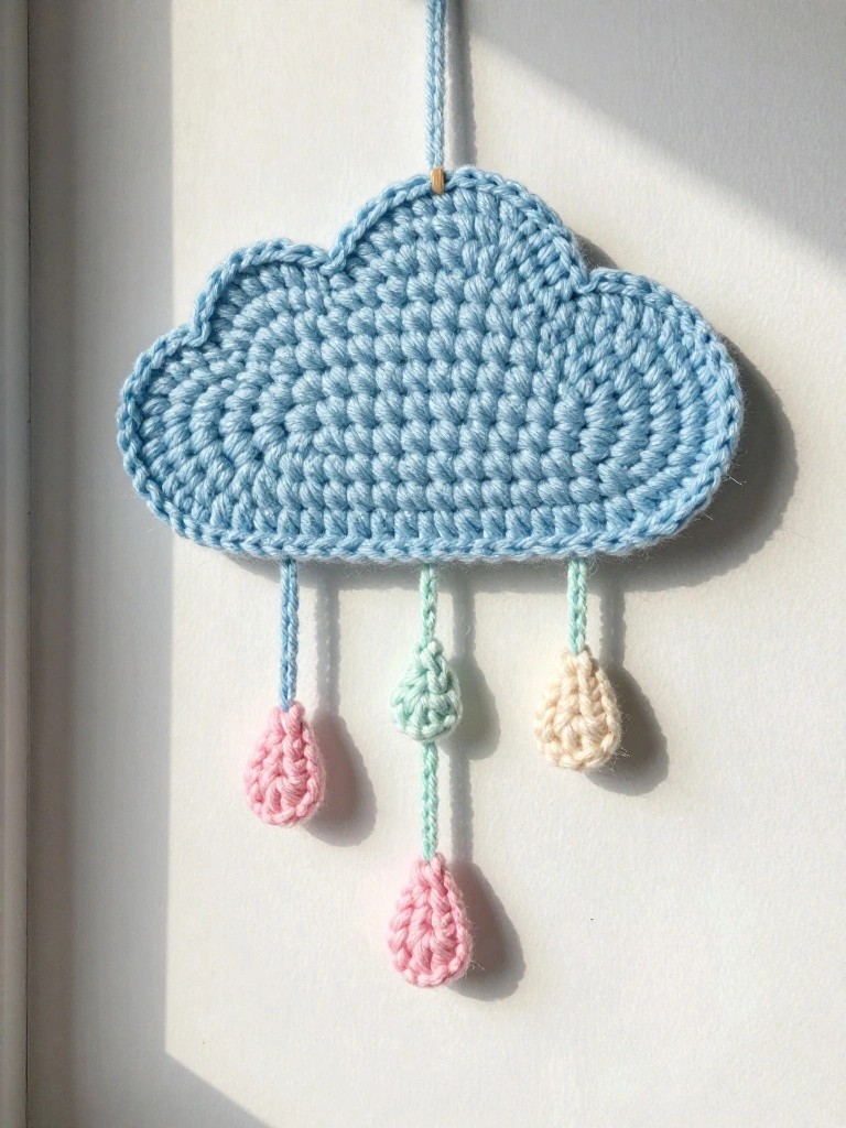 Handmade blue crochet cloud hanging ornament with pink, green, and cream raindrop dangles suspended from thin strings against a sunlit window.