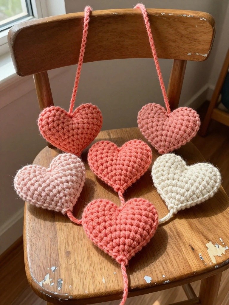A chain of six plush crocheted hearts in pink, red, and cream shades drapes over the back of a wooden chair in front of a sunlit window.