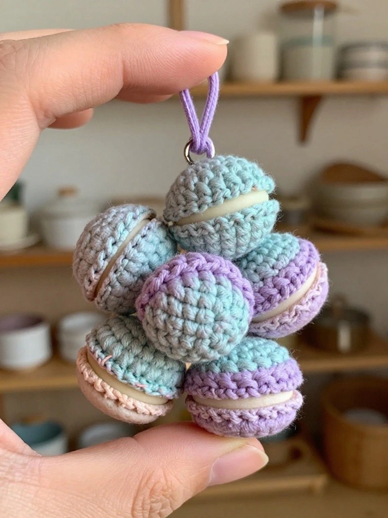 A close-up of a hand holding a cluster of six tiny crocheted macarons in teal, lavender, and pale pink with white filling, hanging from a purple cord against pottery shelves.