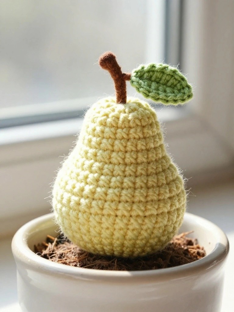 Close-up of a fuzzy pale yellow crocheted pear with brown stem and green leaf planted in a small white ceramic pot with brown soil on a windowsill.