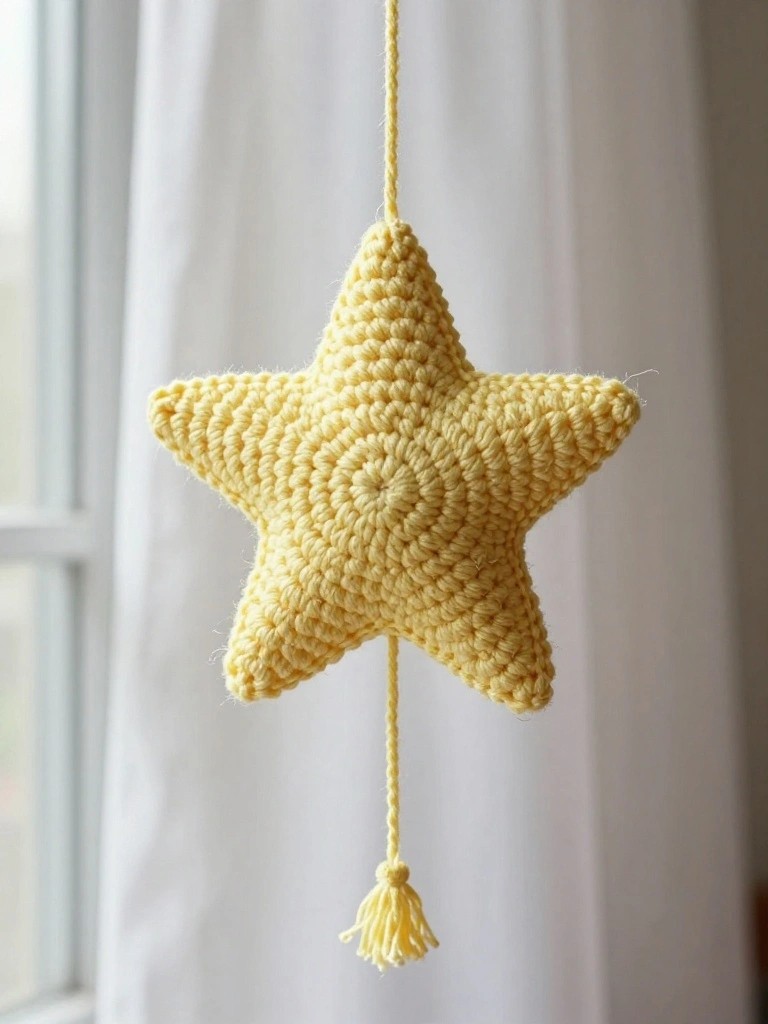 Pale yellow crocheted star with textured stitches and bottom tassel hanging by a yarn loop in front of white sheer curtains by a window