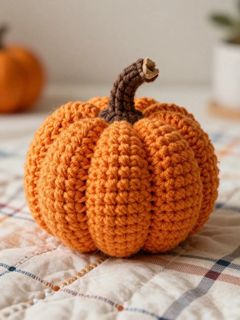Close-up of a small handmade crocheted orange pumpkin with brown stem and textured ridges on a plaid quilt, next to tinier pumpkins and a potted plant.