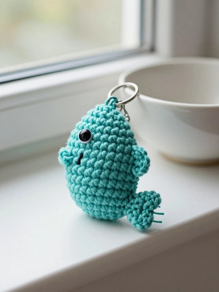 Small turquoise crocheted fish keychain with big eyes, smiling mouth, fins, and tail, dangling from a metal ring on a white surface near white bowls and a window.