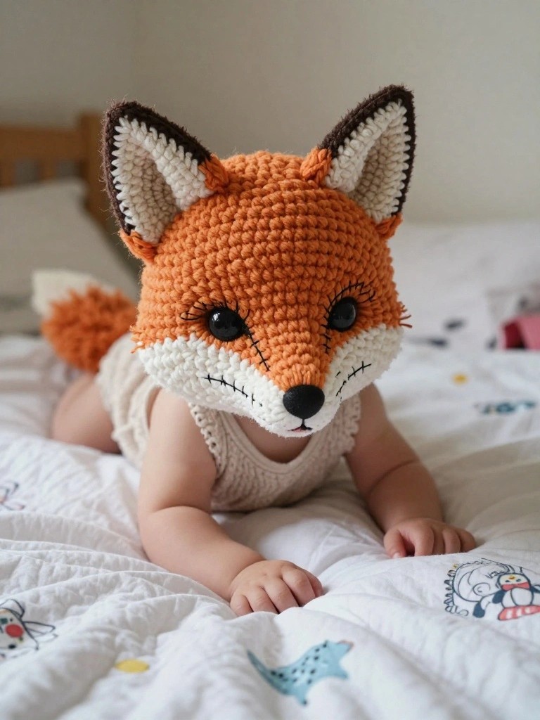 An infant lies on a bed wearing a handmade orange crocheted fox hood with pointed ears, white muzzle, black nose, and a fluffy matching tail extending from the back.