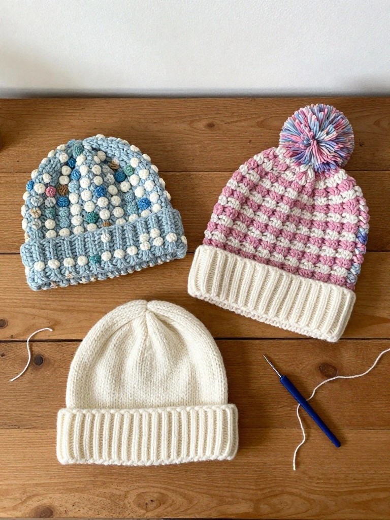 Three crochet beanies in blue bobble texture, pink gingham checks, and white ribbing on a wooden table next to a hook and yarn.