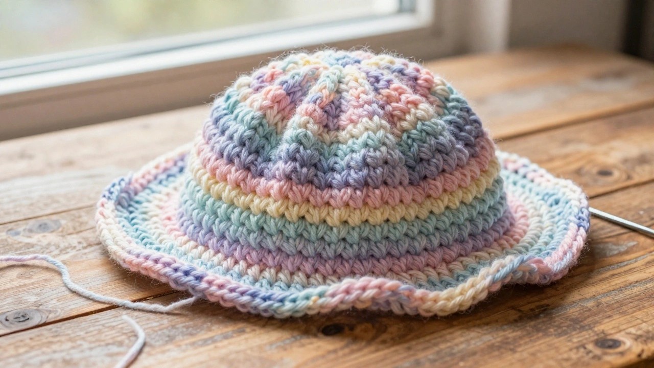 A textured crochet beanie in a pink-to-blue gradient sits on a wooden table next to loose yarn and a hook, with soft window light in the background.