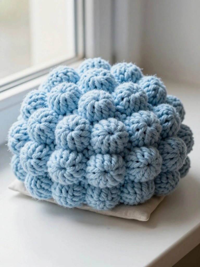 Light blue crocheted sphere made of clustered small balls, resting on a white base by a sunny window.