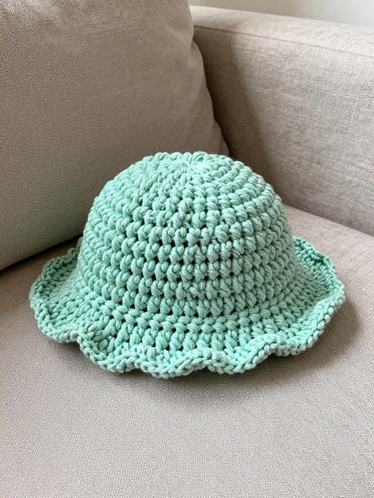 Mint Green Crochet Bucket Hat with Scalloped Brim