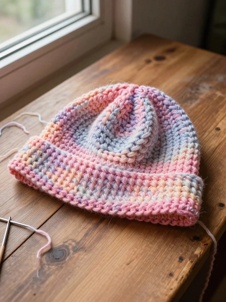 A textured crochet beanie in a pink-to-blue gradient sits on a wooden table next to loose yarn and a hook, with soft window light in the background.
