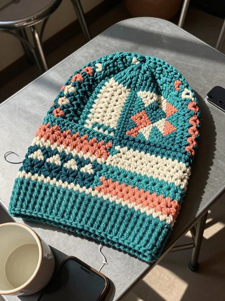 Handmade teal crochet beanie with geometric patchwork motifs in cream, peach, and white, sitting on a metal table next to a white cup and phone.