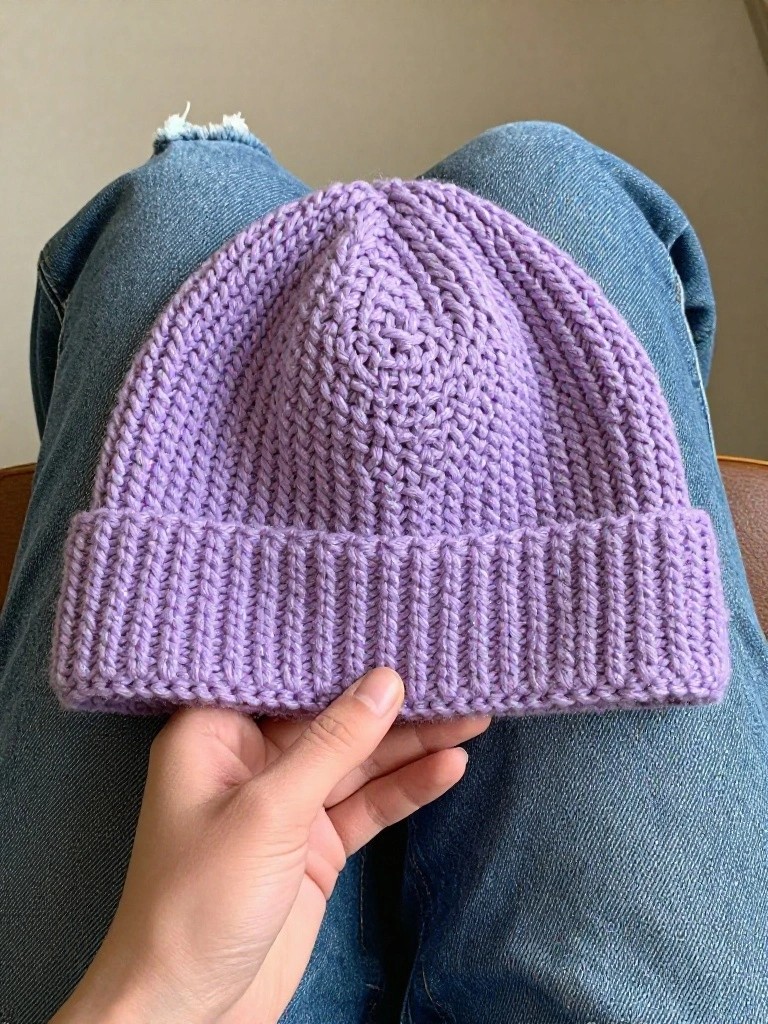 A handmade purple beanie with textured knit crown and wide ribbed brim, held in a hand against crossed legs in faded jeans.