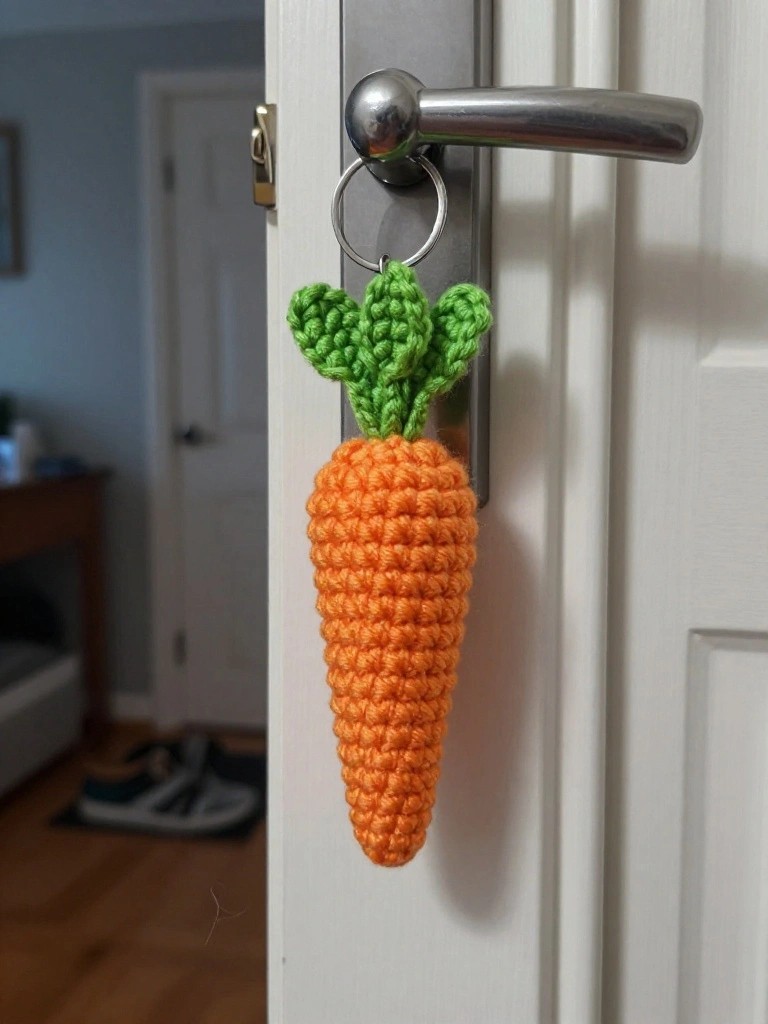 Crocheted orange carrot with green leafy top hanging from a keyring on a silver door handle against a white door.
