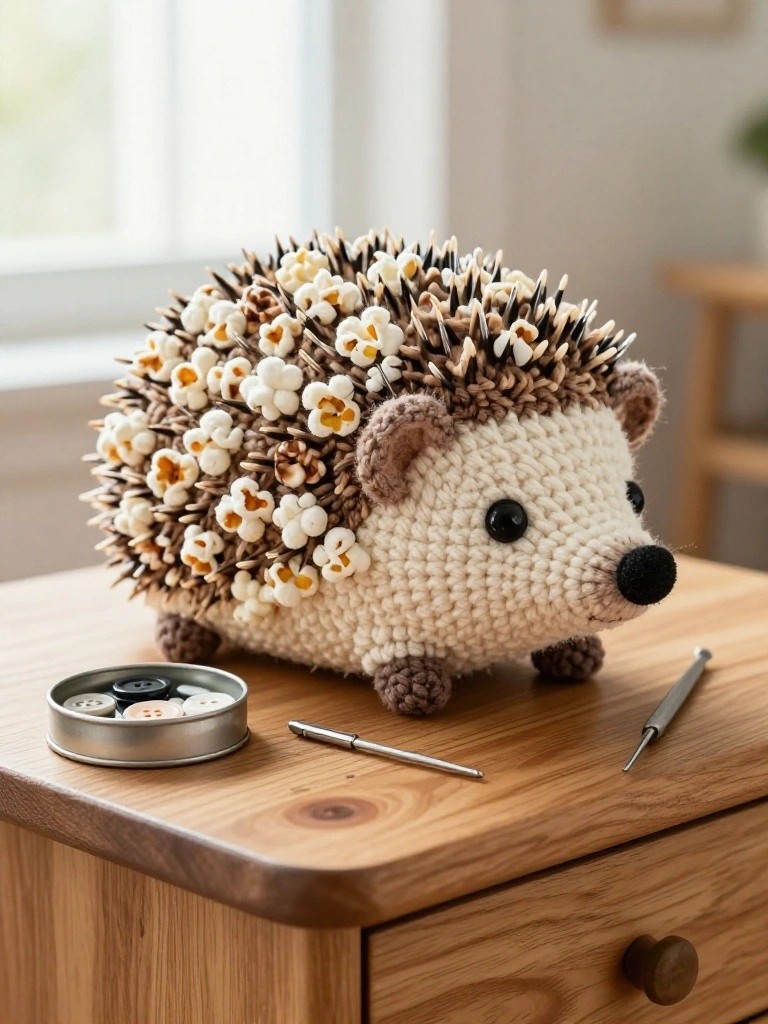 Crocheted cream hedgehog with brown face and yellow-white popcorn stitch spines on a wooden table with crochet hooks and button tin nearby.