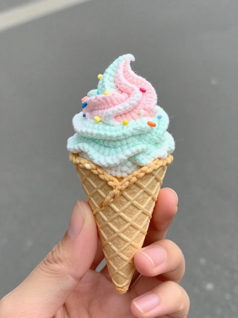 A hand holds a tiny crocheted ice cream cone with swirled pink-to-mint soft-serve ice cream dotted in colorful sprinkles atop a textured beige waffle cone.