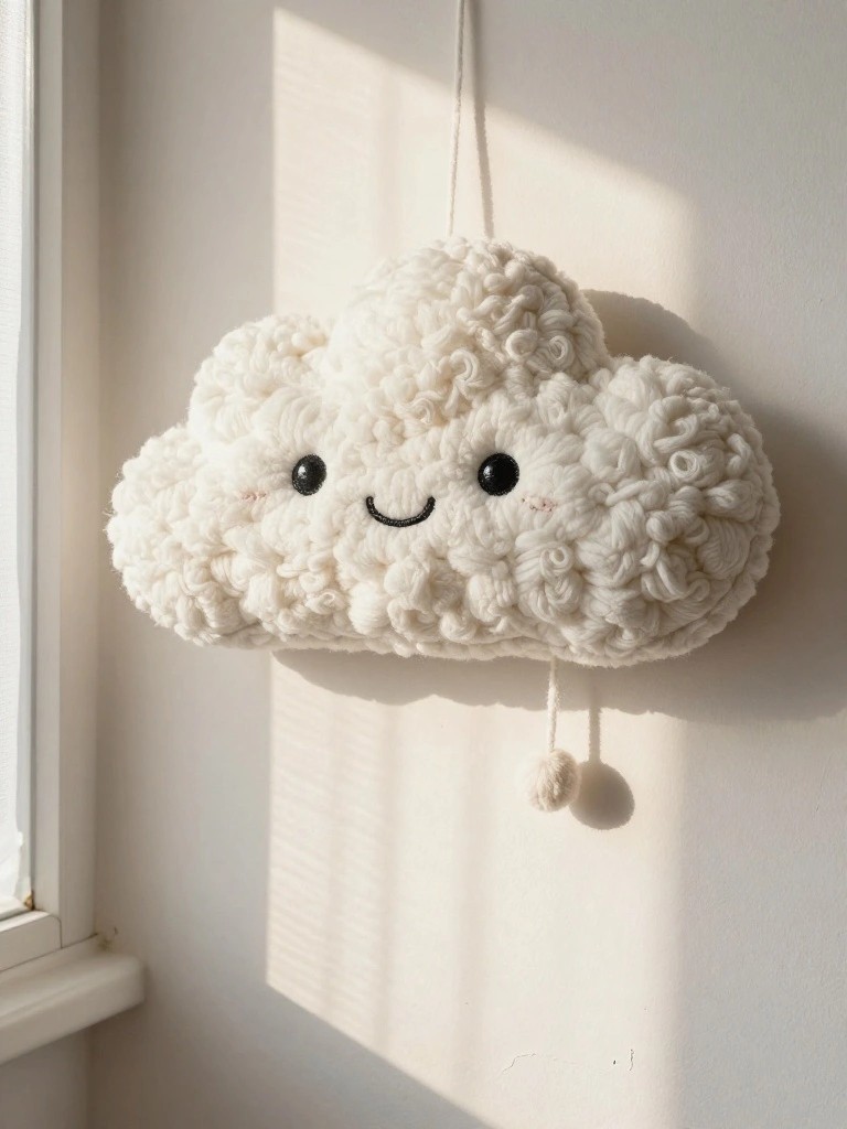 A fluffy white crocheted cloud plush with big smiling eyes and mouth hangs by strings with small pom-poms from a sunlit window.