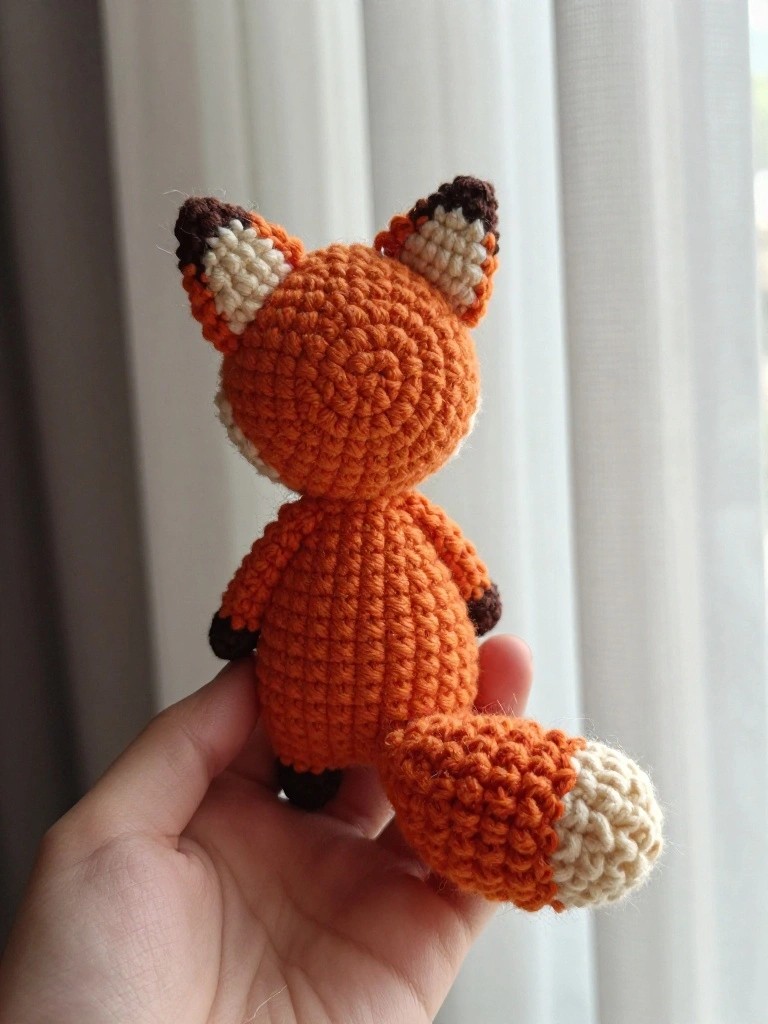 Handheld crocheted fox plush in orange yarn with white and brown accents, sitting with a bushy tail against a curtained window.
