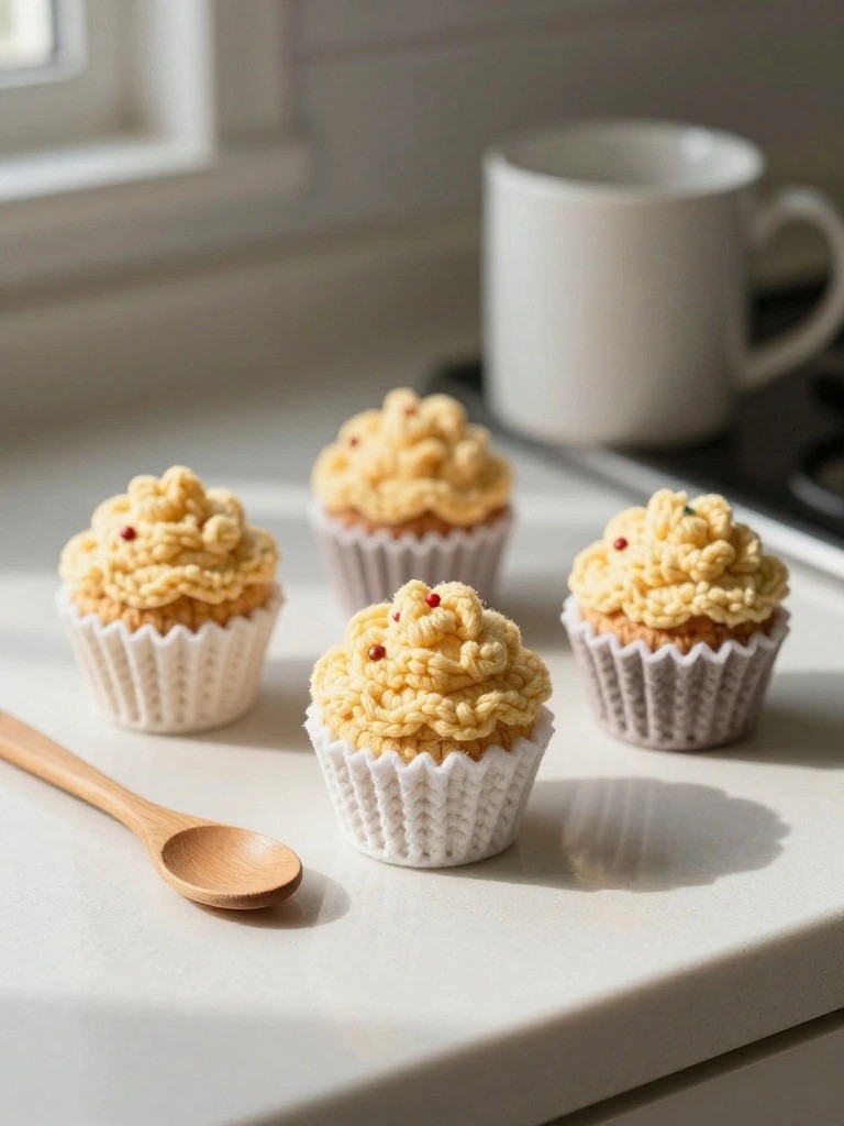Four crocheted yellow cupcakes with white swirled frosting and red sprinkles on a kitchen counter next to a white mug and wooden spoon.