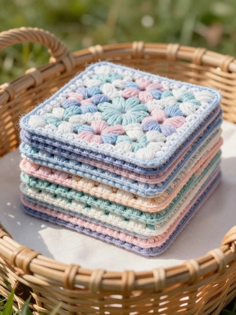 A stack of pastel crochet granny squares with flower centers sits in a wicker basket outdoors on grass.