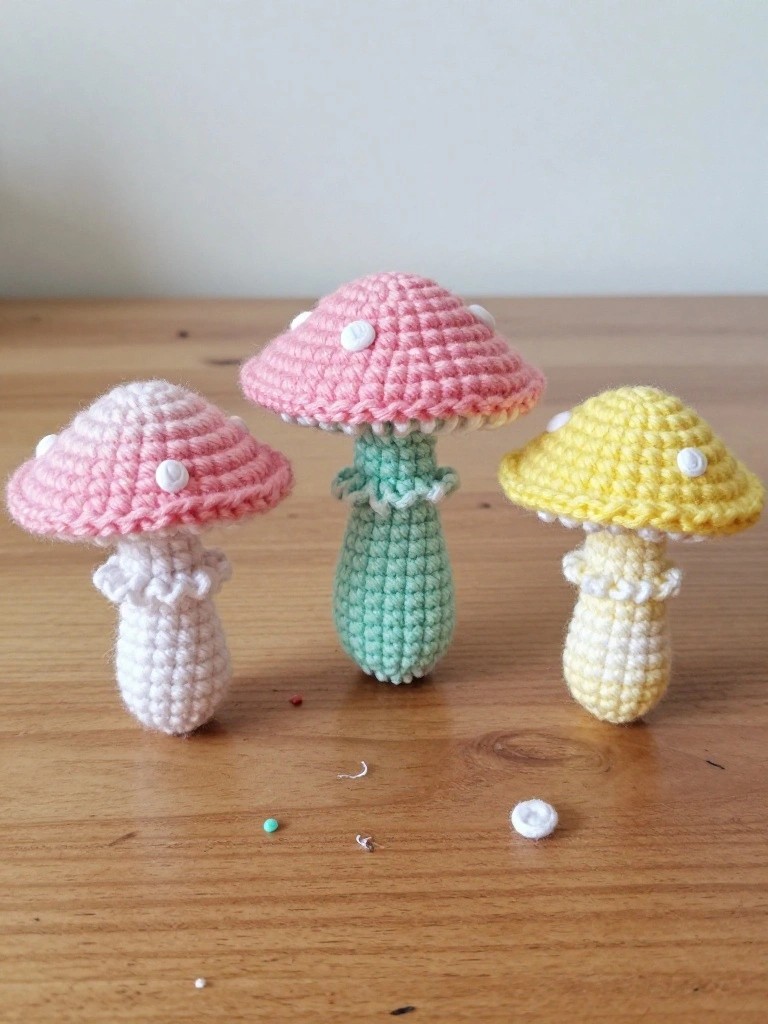 Three small crocheted mushrooms in pink, teal, and yellow with spotted caps and ruffled stem bases arranged on a wooden table.
