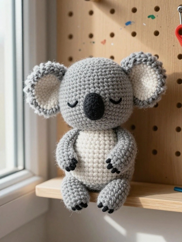 Gray crocheted koala plush with floppy ears and closed eyes sits on a wooden shelf against a pegboard wall dotted with colorful pins.