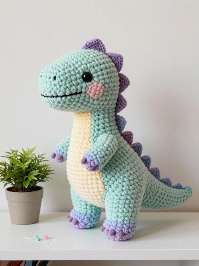 Handmade standing crochet T-Rex plush in teal with yellow belly, purple back spikes and toes, big eyes, and pink blush cheeks next to a potted plant on a white table.