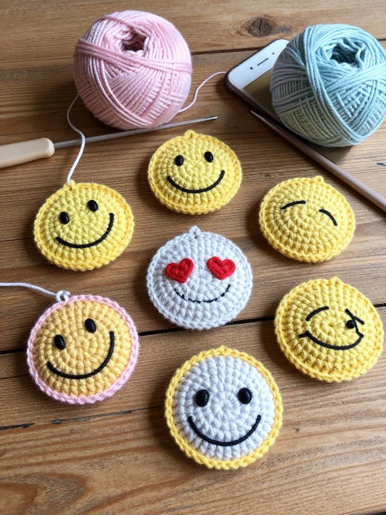 Close-up of crocheted smiley face medallions in yellow, white, and pink with varied expressions and hanging strings on a wooden table next to yarn balls, a crochet hook, and a smartphone.