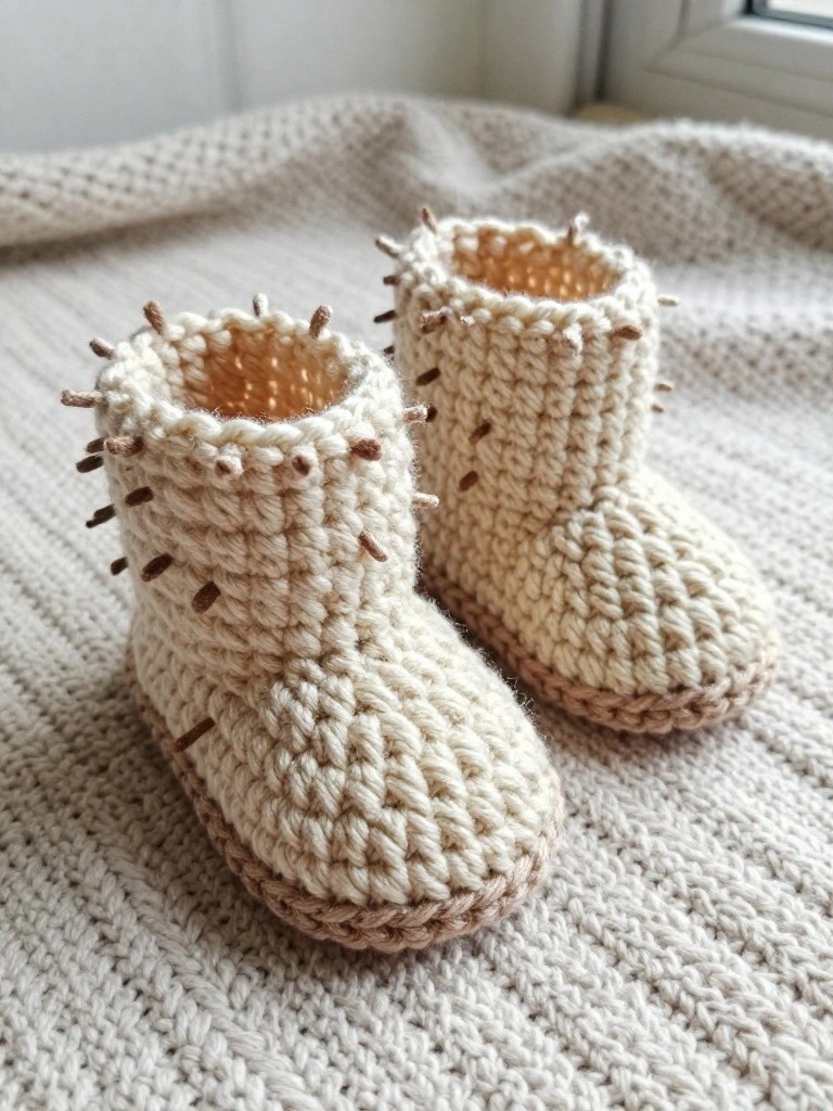 Pair of cream crochet baby booties with tan spike trim around the cuffs and thicker tan soles, placed on a white knit blanket by a window.